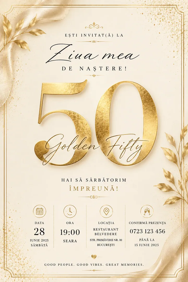 Invitație digitală Golden Fifty — Aniversări