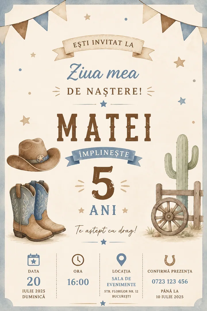 Invitație digitală Tiny Cowboy — Aniversări