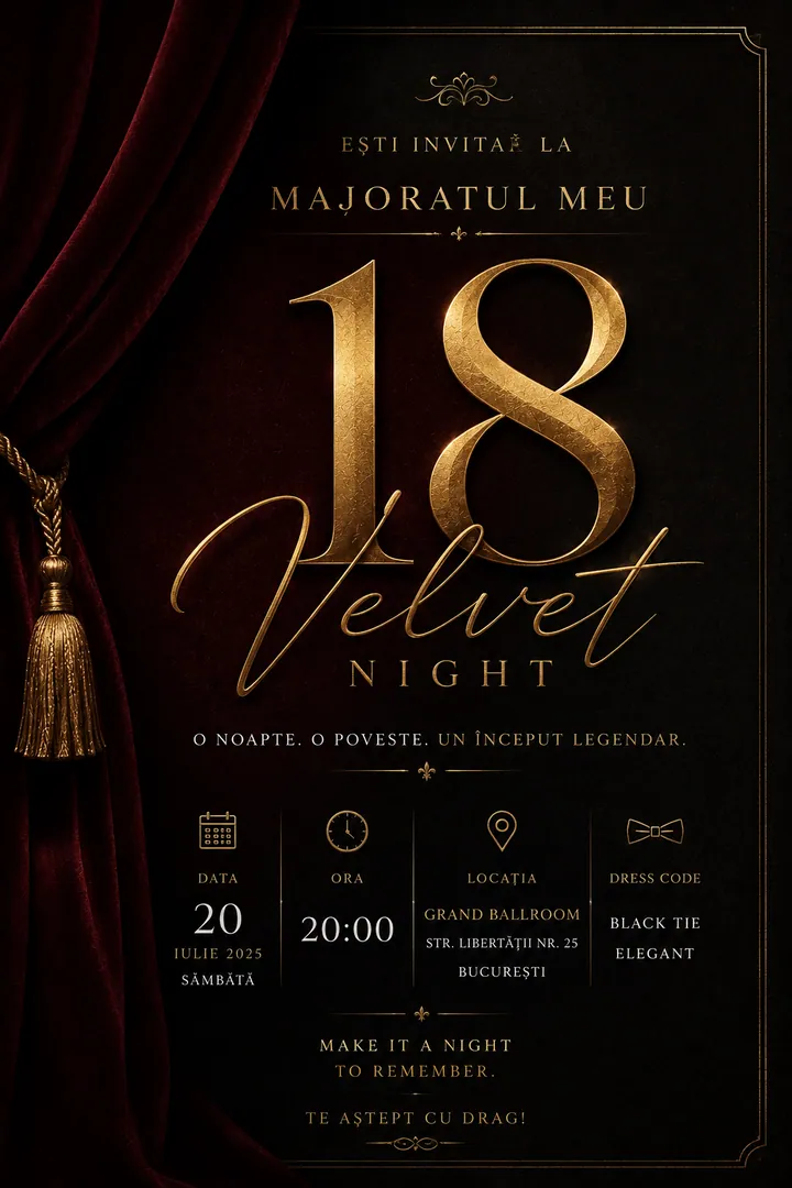 Invitație digitală Velvet Night — Aniversări