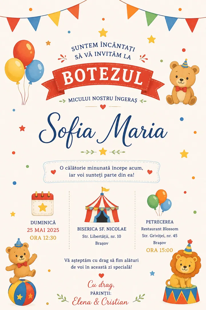 Invitație digitală Colorful Circus — Botez