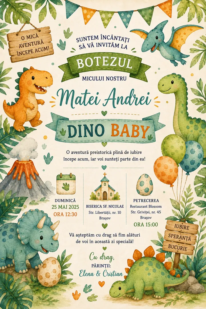 Invitație digitală Dino Baby — Botez