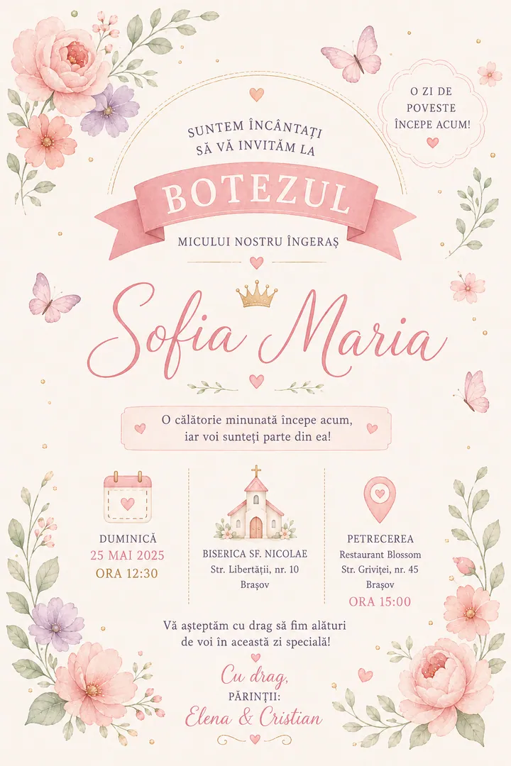 Invitație digitală Floral Garden — Botez