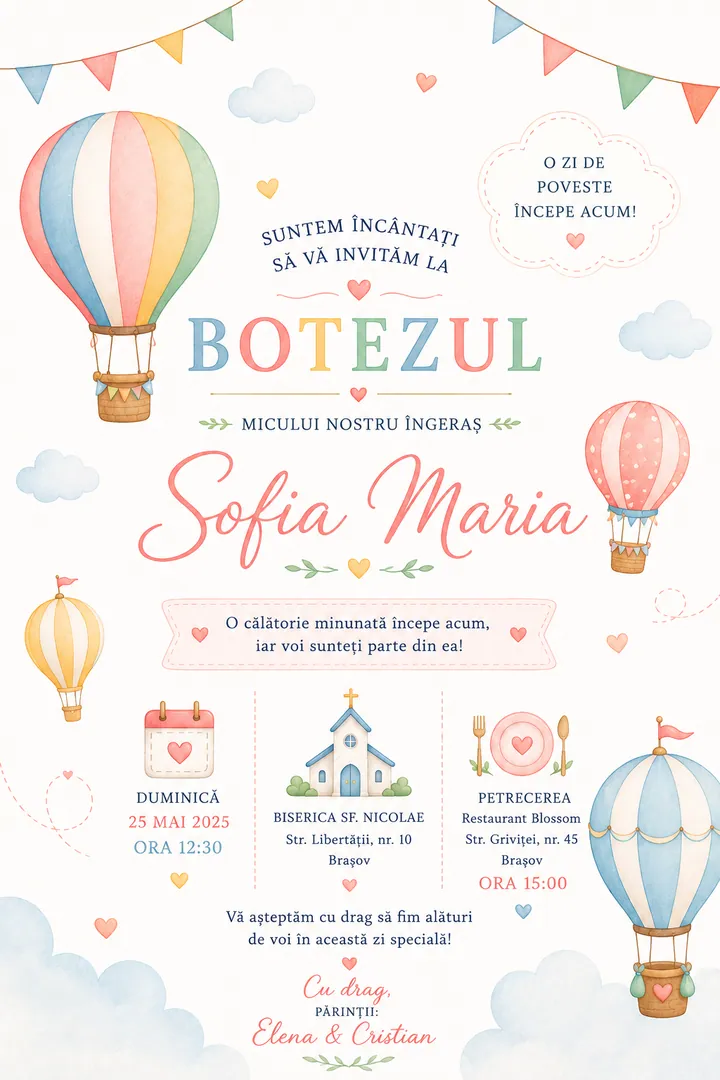 Invitație digitală Hot Air Balloon — Botez
