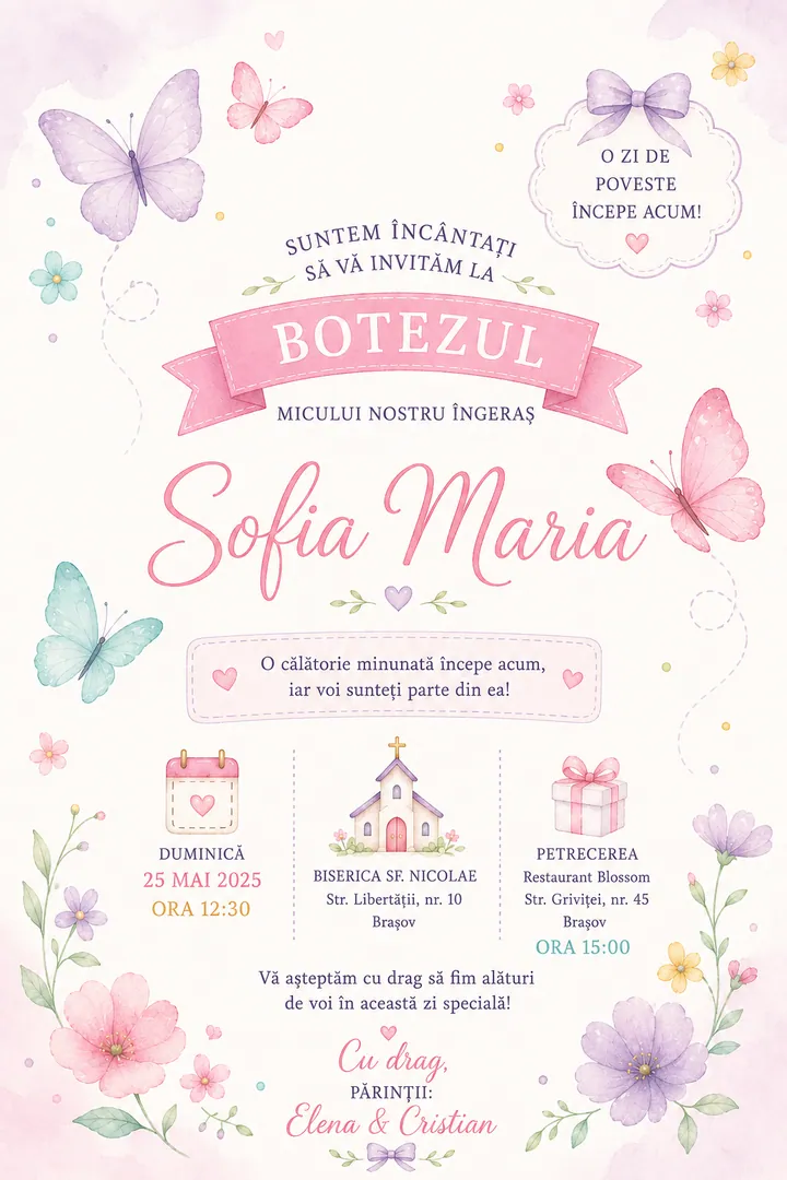 Invitație digitală Little Butterfly — Botez