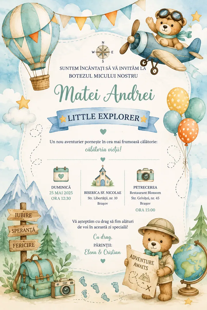 Invitație digitală Little Explorer — Botez