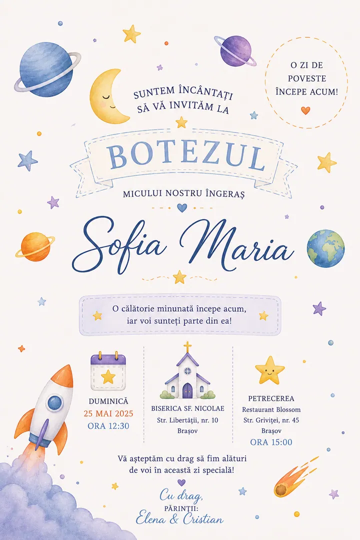 Invitație digitală Little Planet — Botez