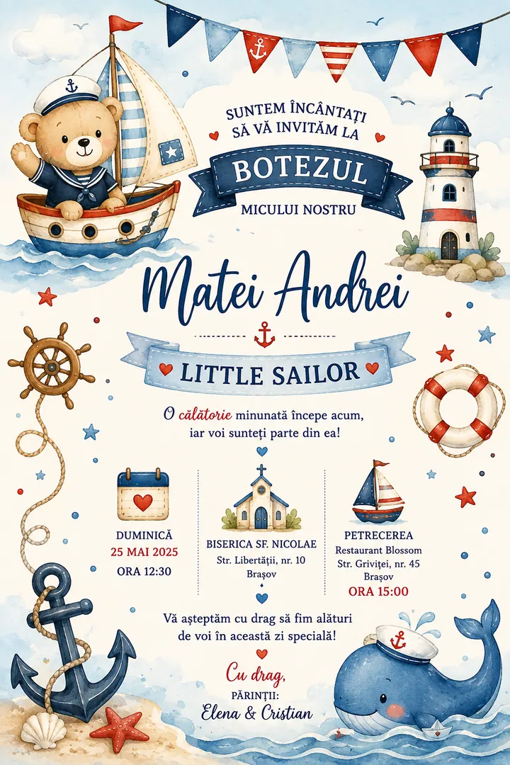 Invitație digitală Little Sailor — Botez