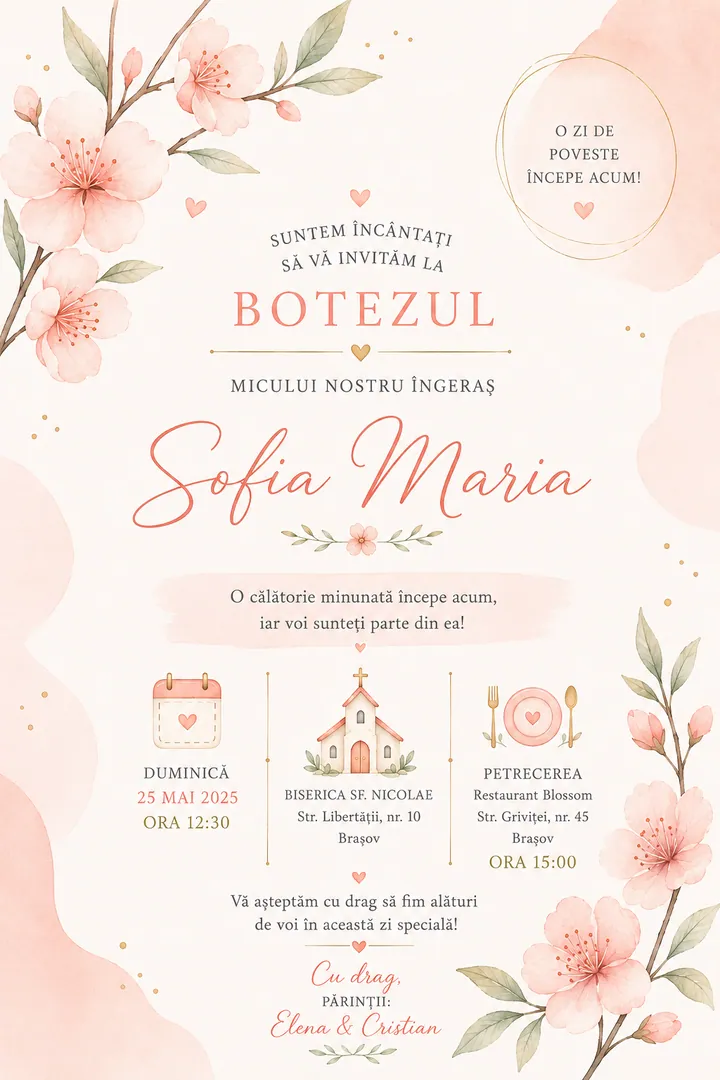 Invitație digitală Peach Blossom — Botez