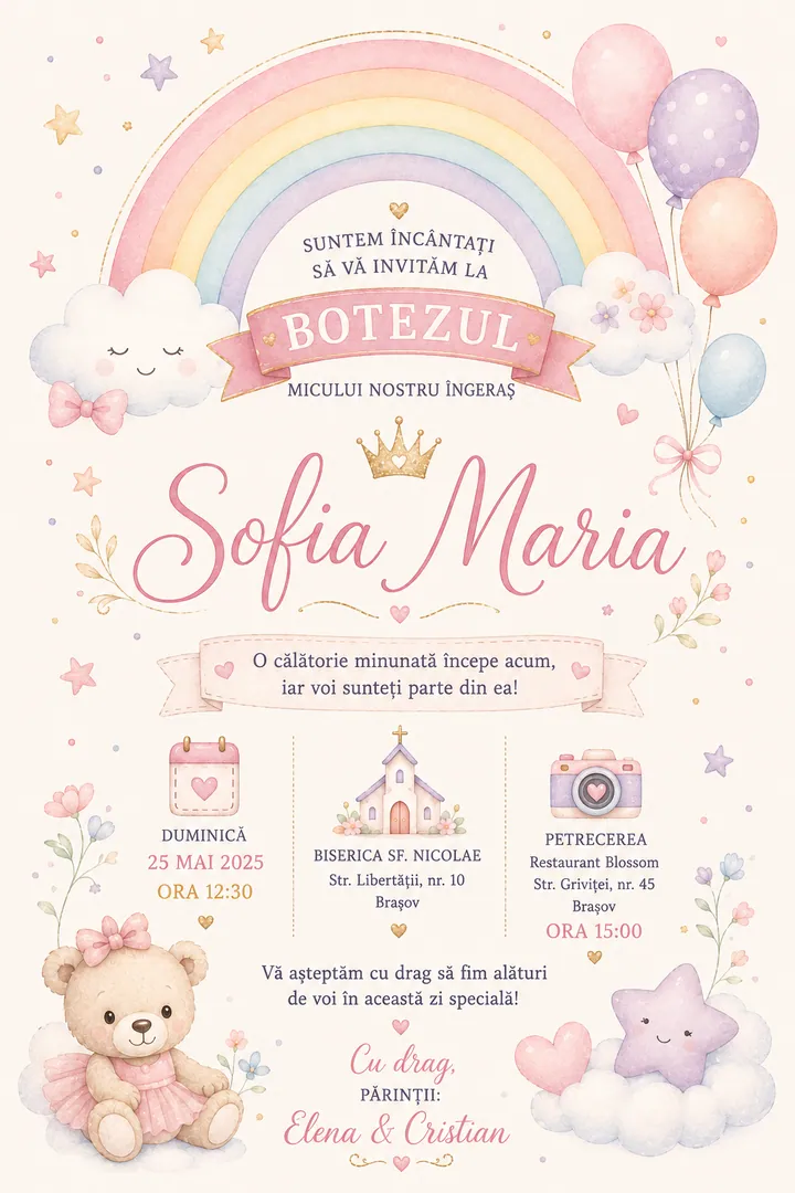 Invitație digitală Rainbow Baby — Botez