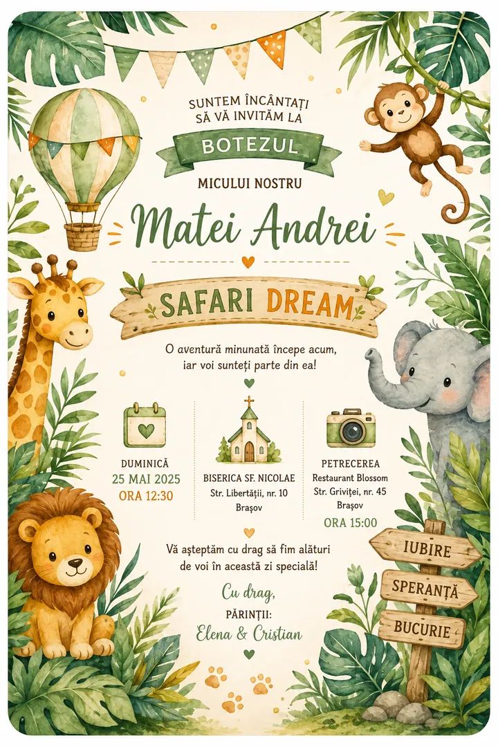 Invitație digitală Safari Dream — Botez