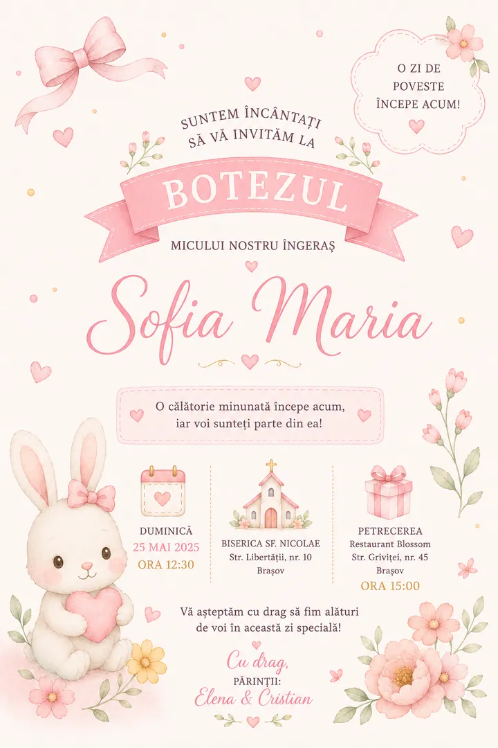Invitație digitală Sweet Bunny — Botez