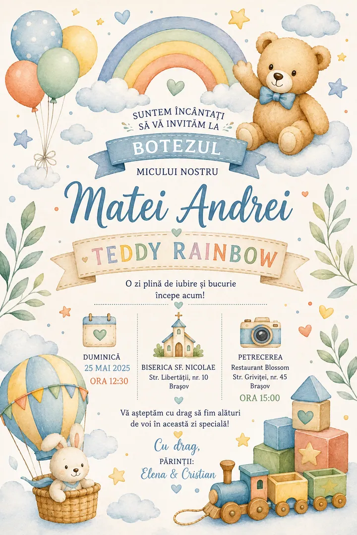 Invitație digitală Teddy Rainbow — Botez
