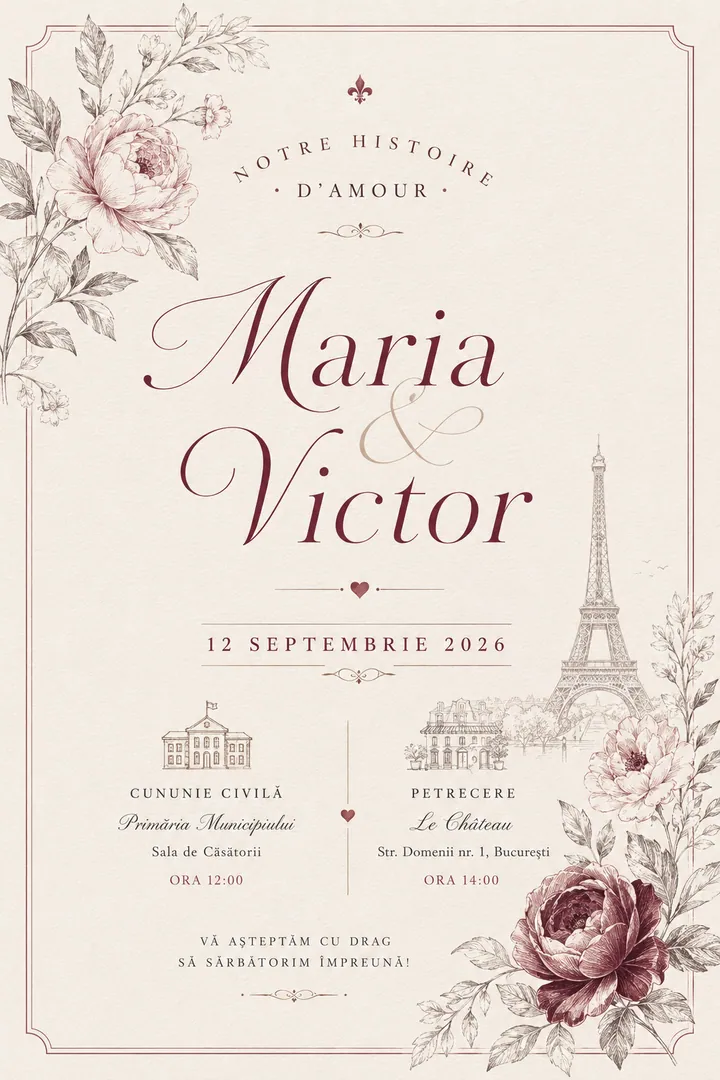 Invitație digitală French Romance — Cununie Civilă