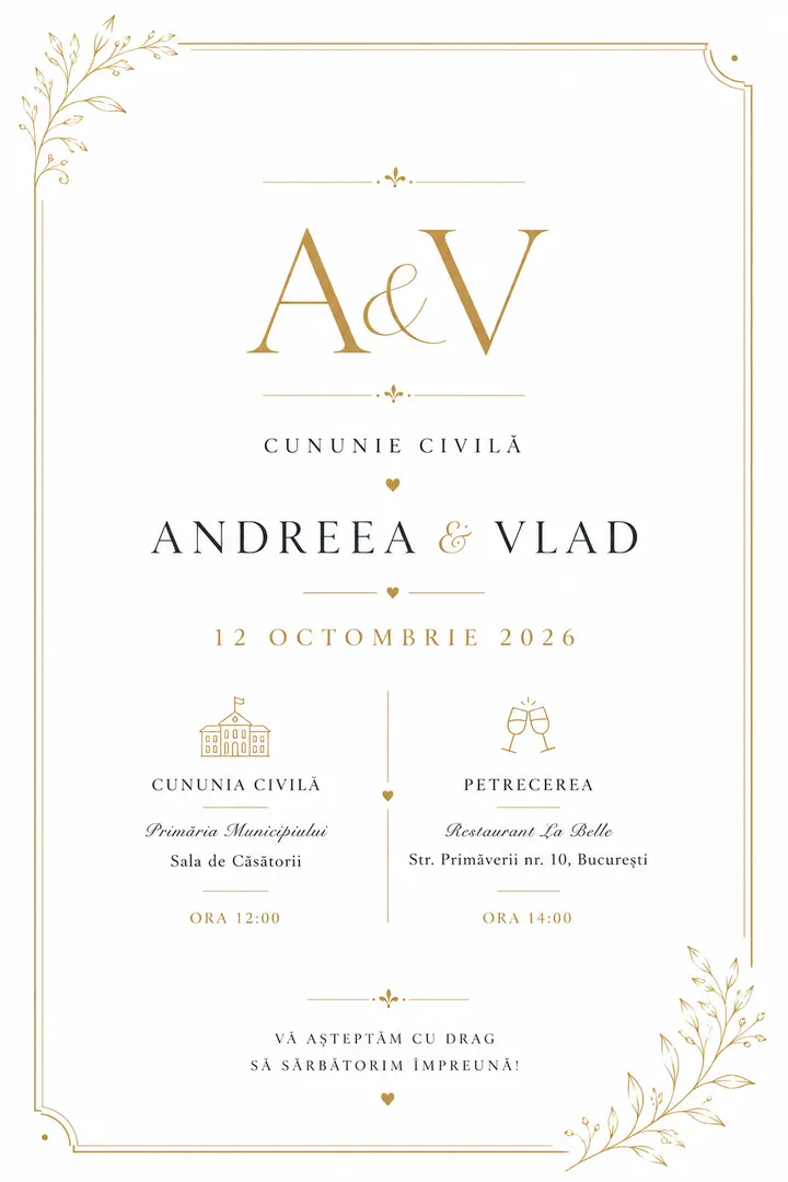 Invitație digitală Golden Frame — Cununie Civilă