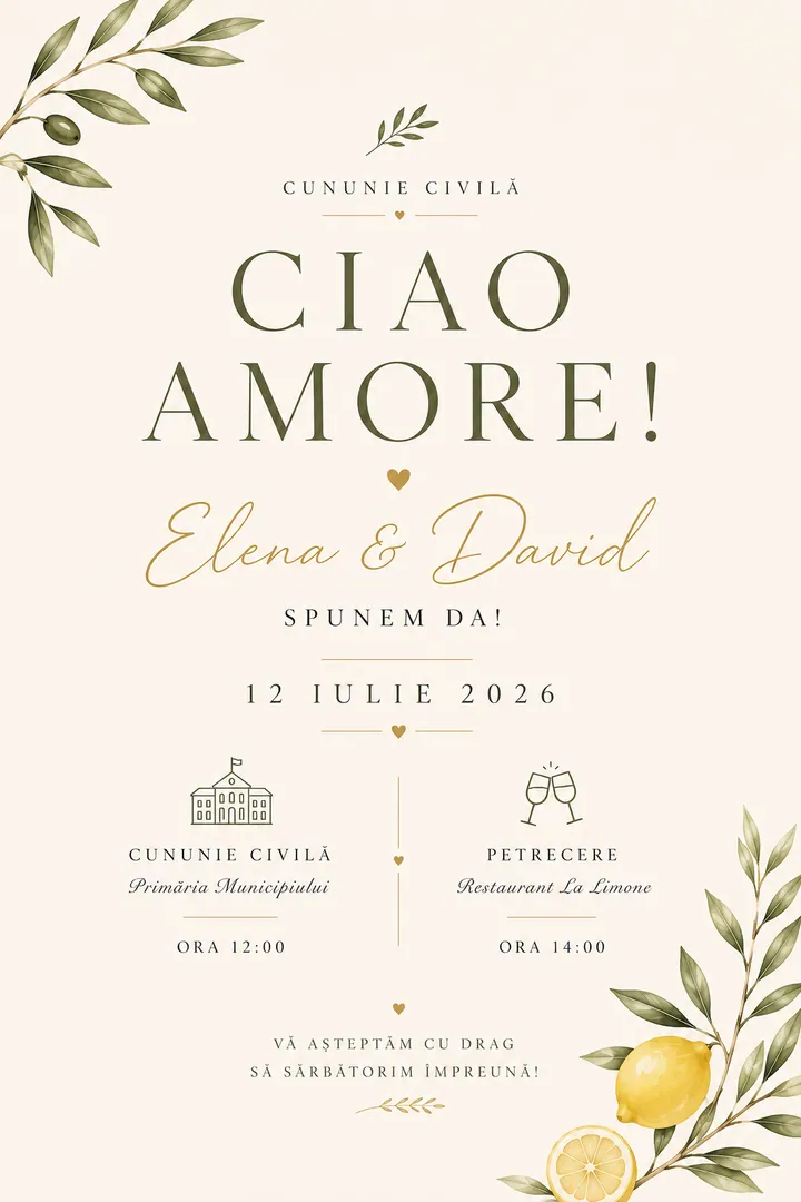 Invitație digitală Mediterranean Love — Cununie Civilă