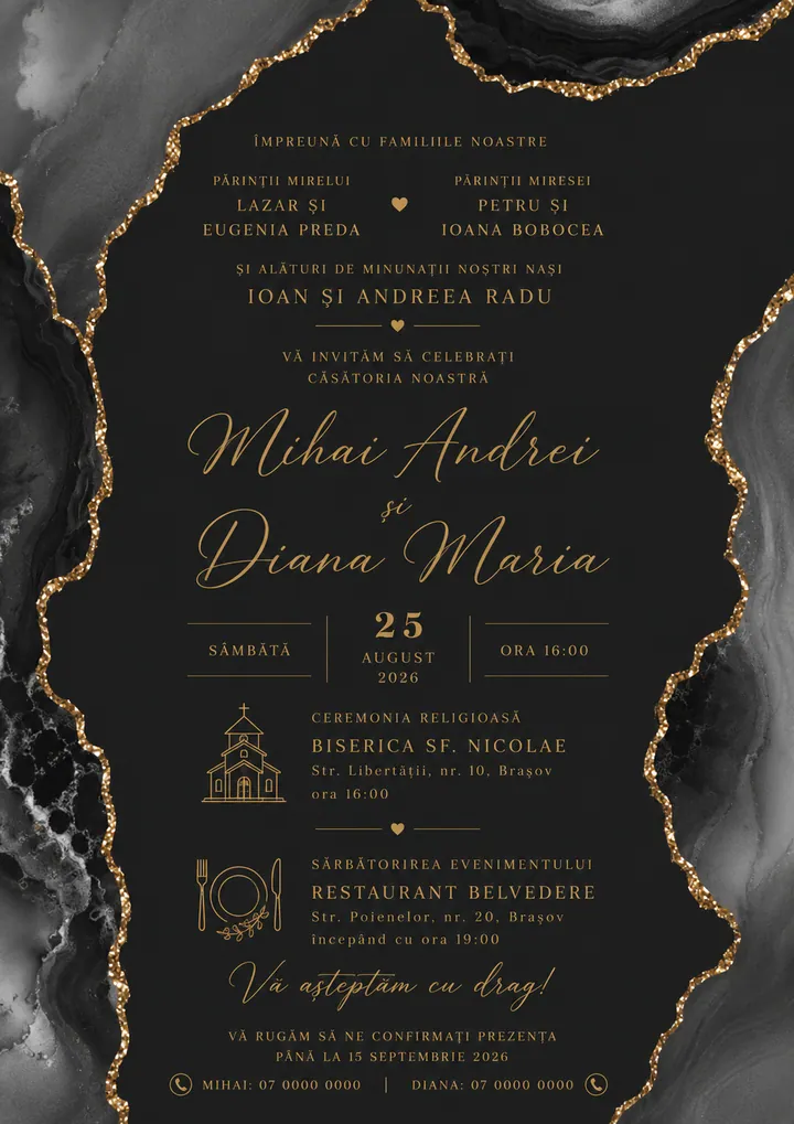 Invitație digitală Black Marble Gold — Nuntă