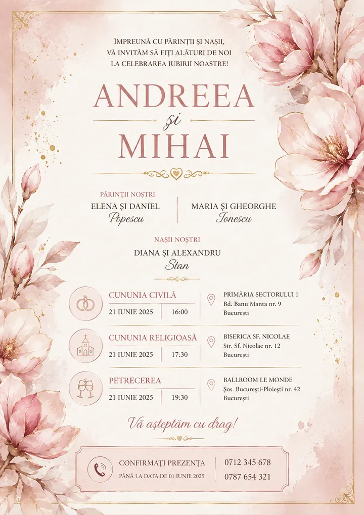 Invitație digitală Blush Magnolia — Nuntă