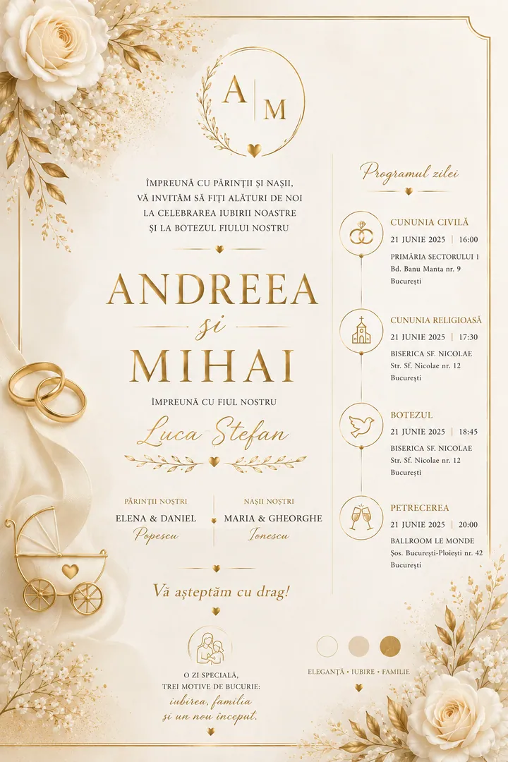 Invitație digitală Golden Beginnings — Nuntă și Botez
