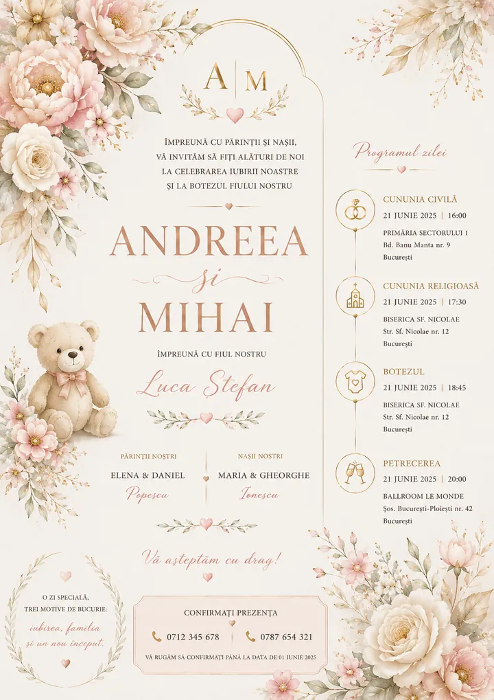 Invitație digitală Little Bloom — Nuntă și Botez