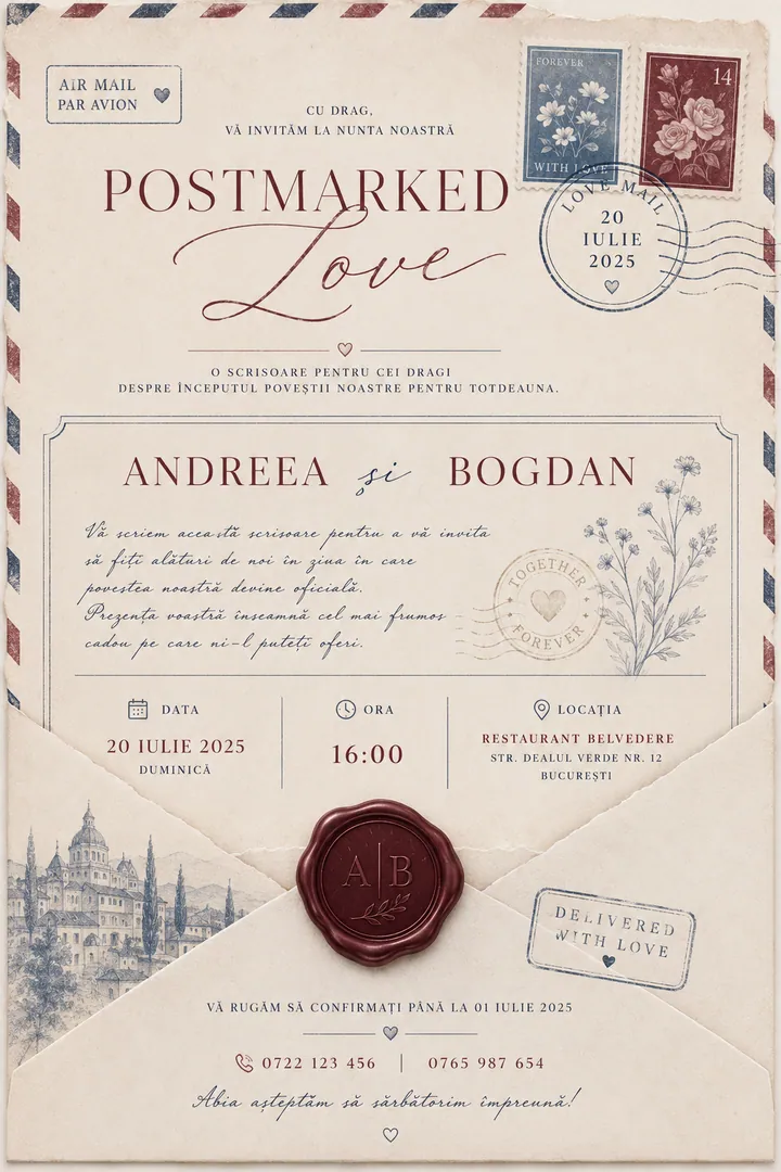 Invitație digitală Postmarked Love — Nuntă