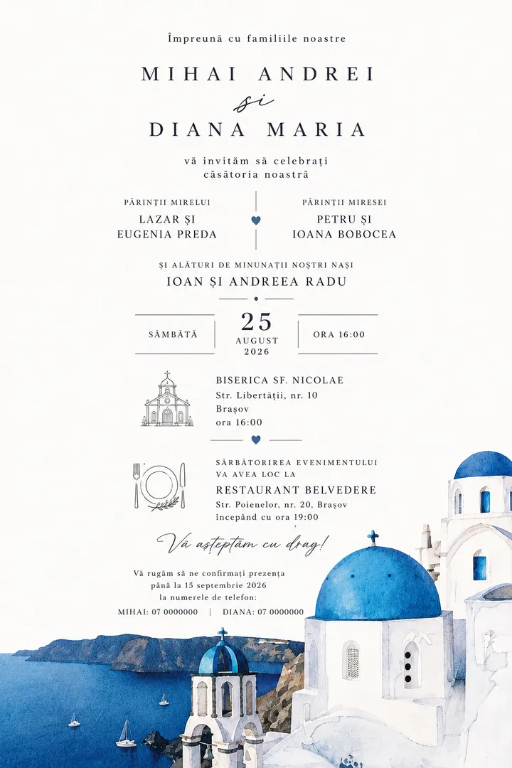 Invitație digitală Santorini Blue — Nuntă