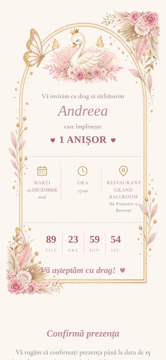 Model de invitație Aniversări — Lebăda Roz